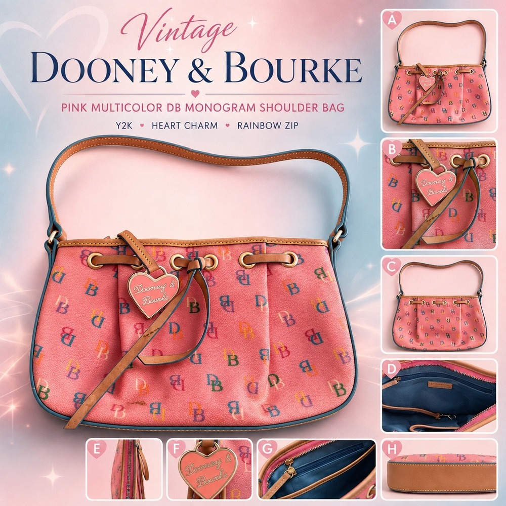 Vintage Y2K Dooney & Bourke Pink Rainbow DB Monogram Shoulder Bag Heart Charm
